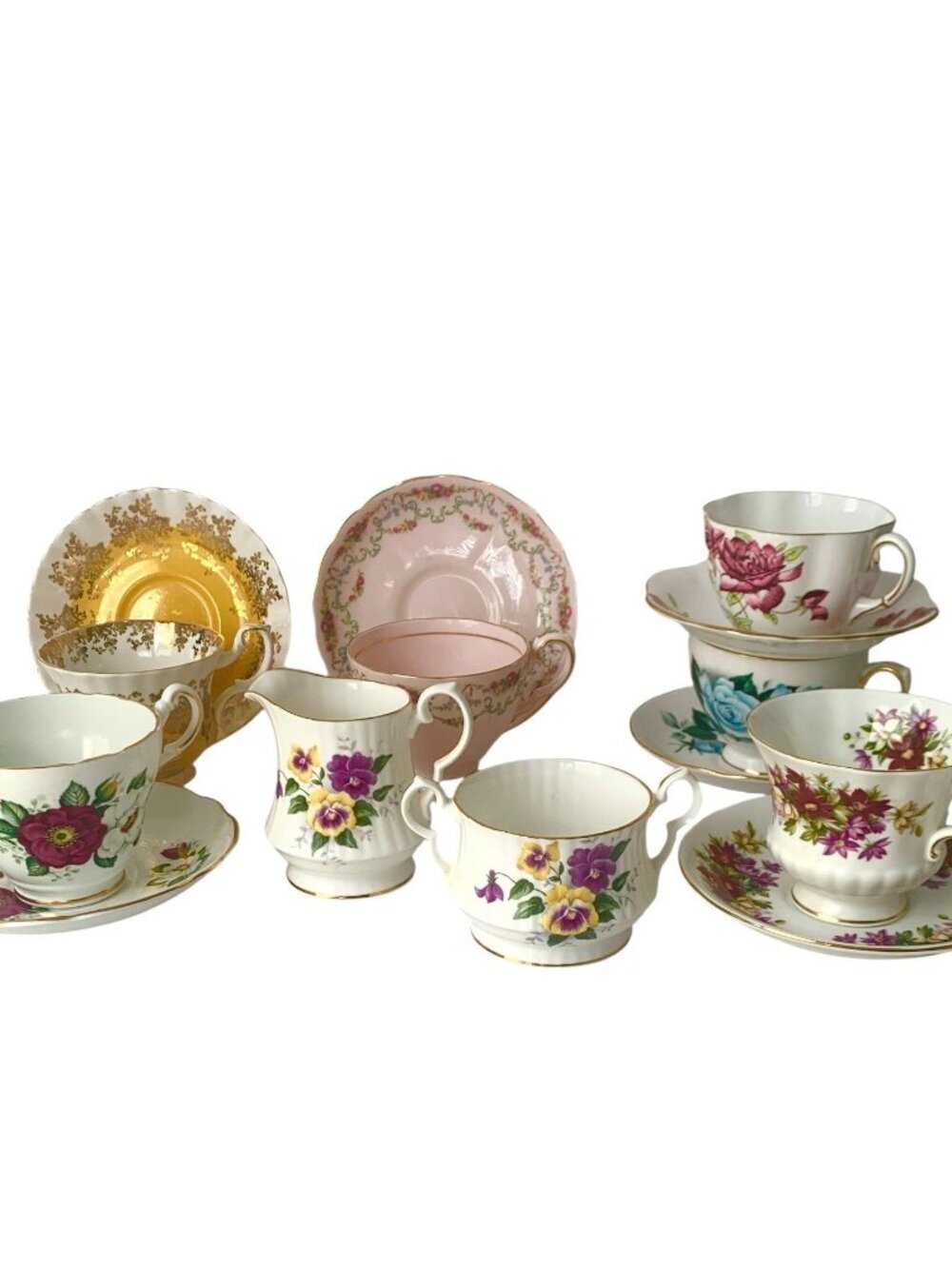 6 Vintage Mismatched Teacups & Saucers Creamer & Sugar Tea Cup Tea Party Paragon